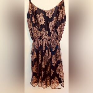 NWOT Rosamosario Deep Iolite Silk, Gold & Pink Lace Knee-Length Party Dress